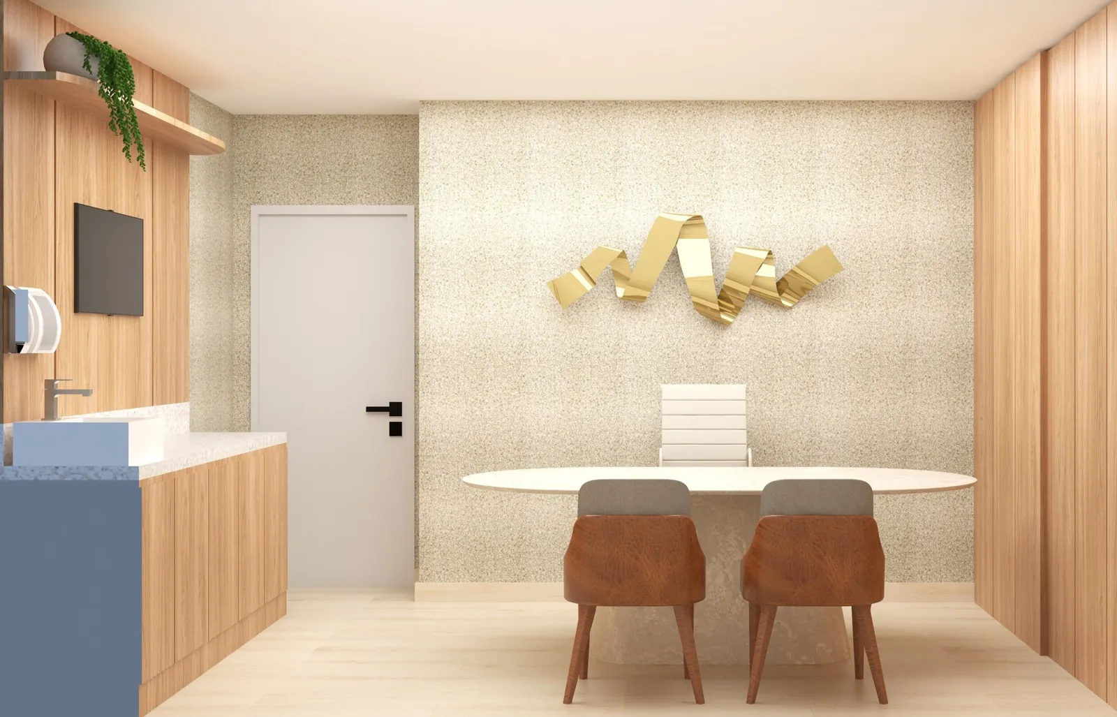 Sala de reunião com mesa oval e cadeiras em couro caramelo.